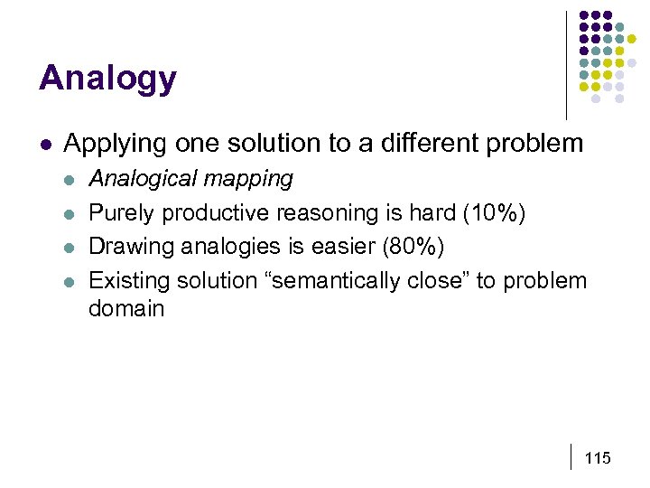 Analogy l Applying one solution to a different problem l l Analogical mapping Purely