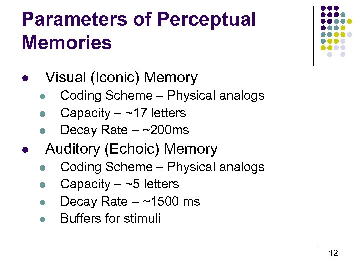 Parameters of Perceptual Memories l Visual (Iconic) Memory l l Coding Scheme – Physical