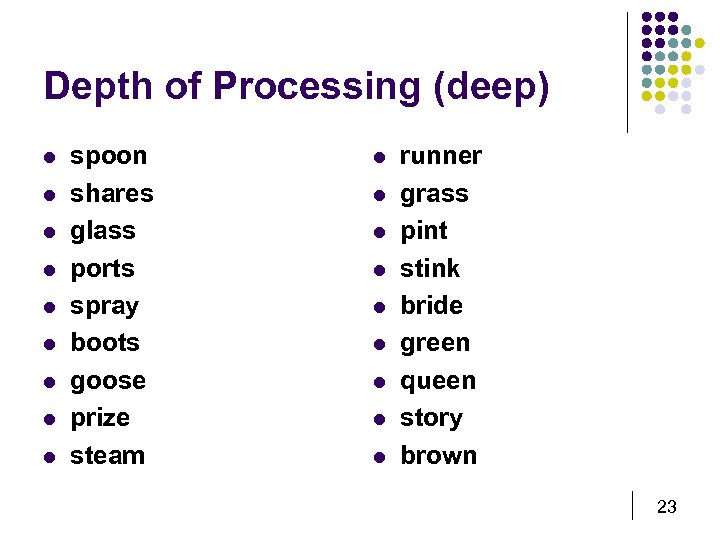 Depth of Processing (deep) l l l l l spoon shares glass ports spray