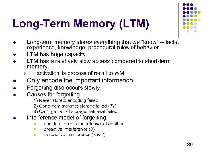 Long-Term Memory (LTM) Long-term memory stores everything that we “know” -- facts, experience, knowledge,
