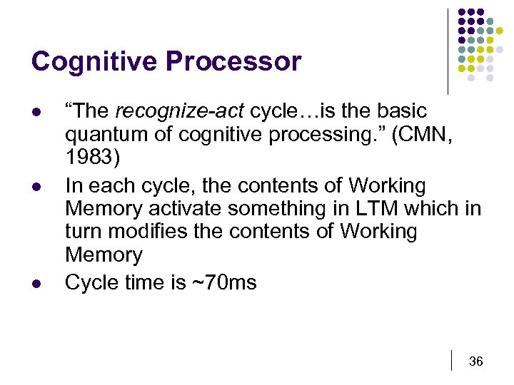 Cognitive Processor l l l “The recognize-act cycle…is the basic quantum of cognitive processing.