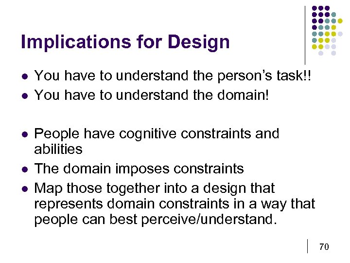 Implications for Design l l l You have to understand the person’s task!! You
