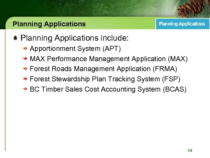 Planning Applications include: Apportionment System (APT) MAX Performance Management Application (MAX) Forest Roads Management