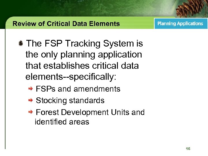 Review of Critical Data Elements The FSP Tracking System is the only planning application