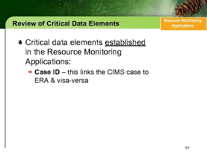 Review of Critical Data Elements Critical data elements established in the Resource Monitoring Applications:
