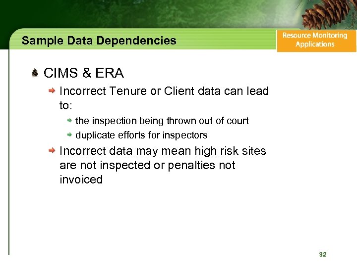 Sample Data Dependencies CIMS & ERA Incorrect Tenure or Client data can lead to:
