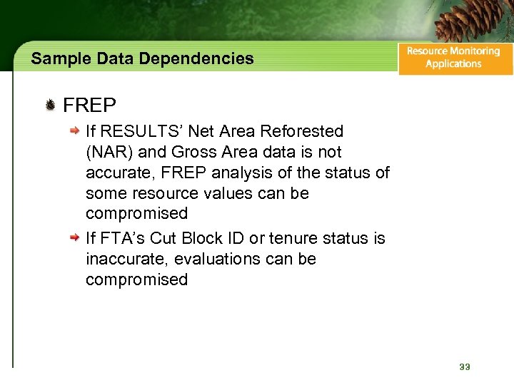 Sample Data Dependencies FREP If RESULTS’ Net Area Reforested (NAR) and Gross Area data