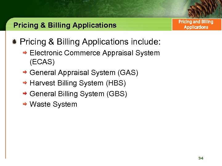 Pricing & Billing Applications include: Electronic Commerce Appraisal System (ECAS) General Appraisal System (GAS)
