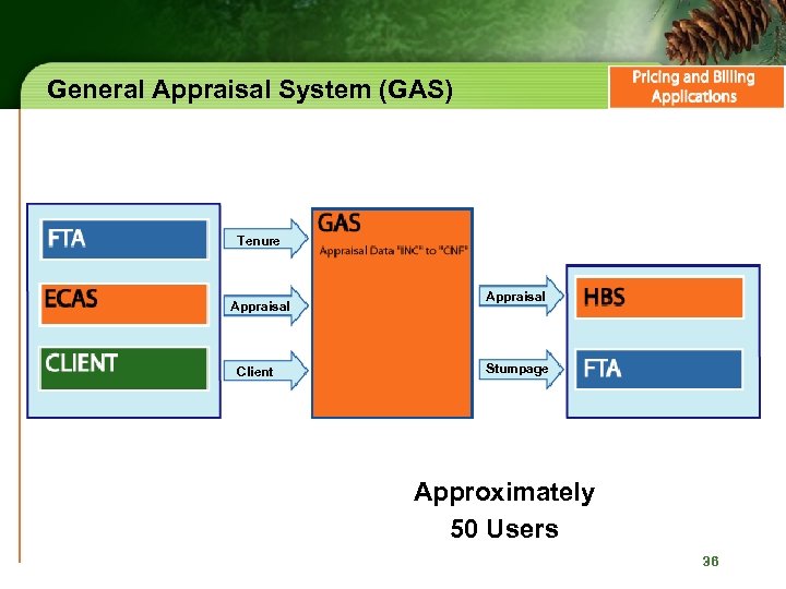 General Appraisal System (GAS) Tenure Appraisal Client Appraisal Stumpage Approximately 50 Users 36 