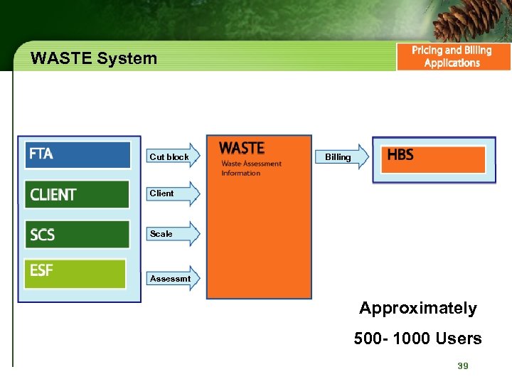 WASTE System Cut block Billing Client Scale Assessmt Approximately 500 - 1000 Users 39