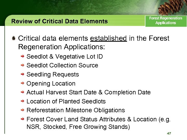 Review of Critical Data Elements Critical data elements established in the Forest Regeneration Applications: