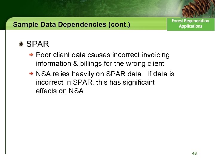 Sample Data Dependencies (cont. ) SPAR Poor client data causes incorrect invoicing information &
