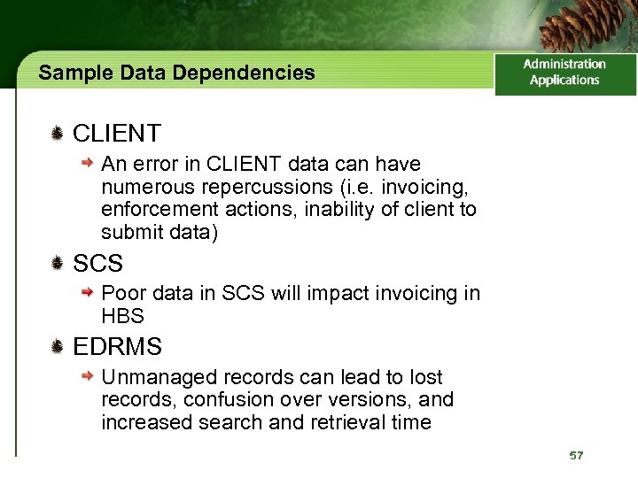 Sample Data Dependencies CLIENT An error in CLIENT data can have numerous repercussions (i.