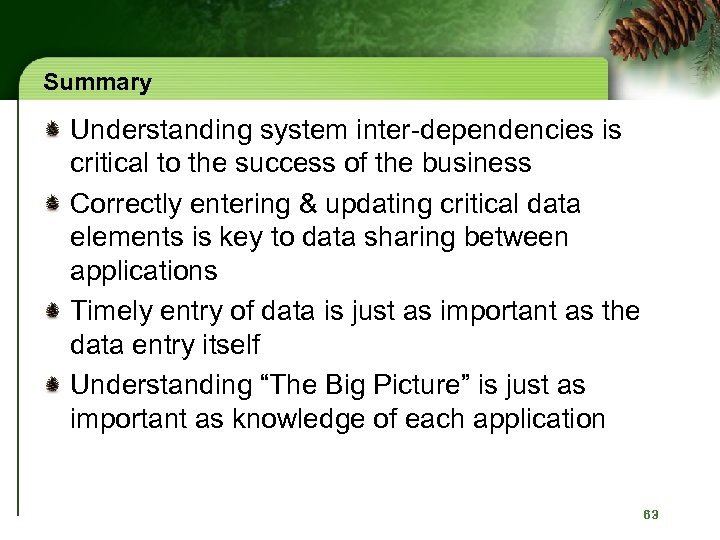 Summary Understanding system inter-dependencies is critical to the success of the business Correctly entering