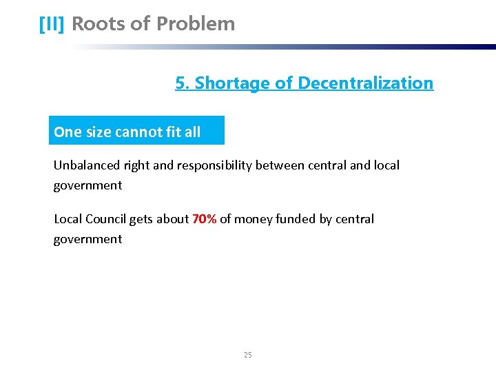 [II] Roots of Problem 5. Shortage of Decentralization One size cannot fit all Unbalanced