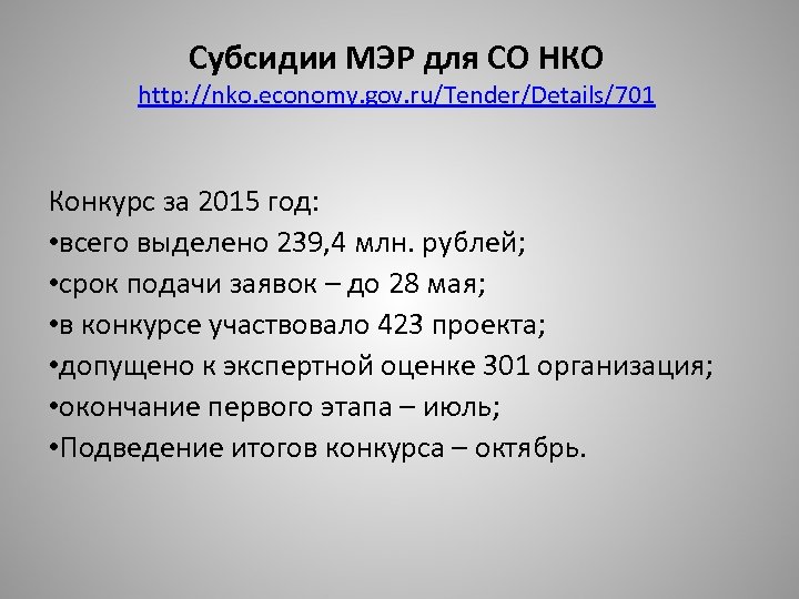 Субсидии МЭР для СО НКО http: //nko. economy. gov. ru/Tender/Details/701 Конкурс за 2015 год: