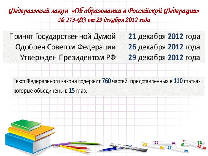 Федеральный закон «Об образовании в Российской Федерации» № 273 -ФЗ от 29 декабря 2012