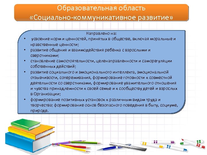 Образовательная область «Социально-коммуникативное развитие» • • • Направлено на: усвоение норм и ценностей, принятых