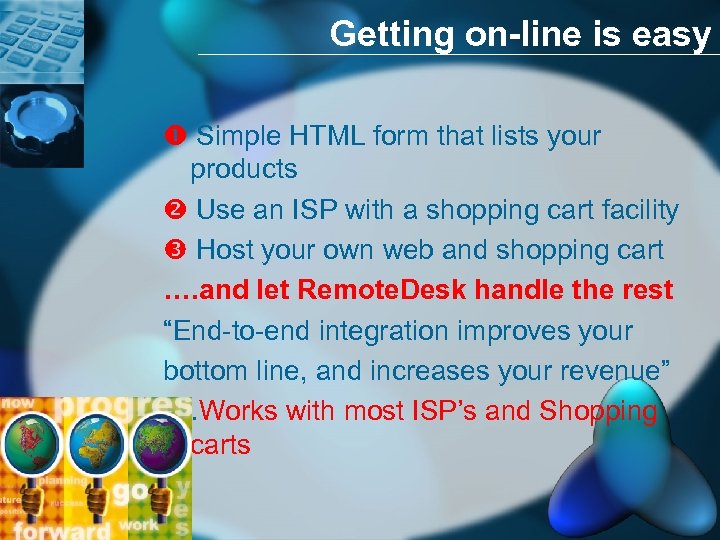 Getting on-line is easy Simple HTML form that lists your products Use an ISP