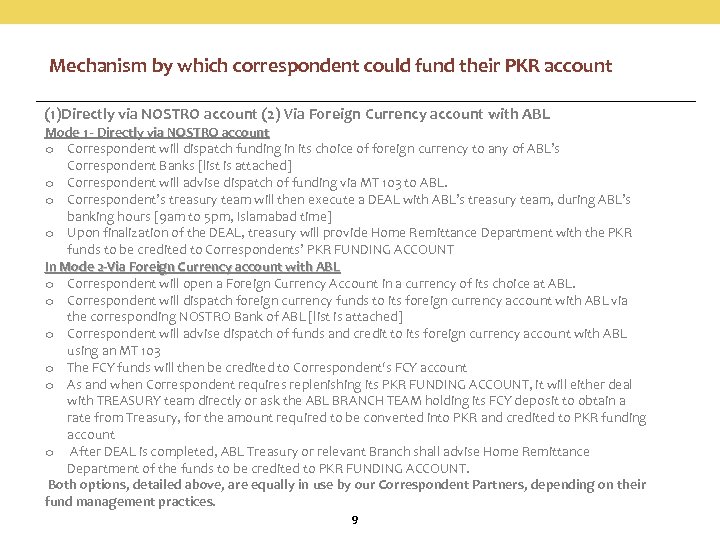 Mechanism by which correspondent could fund their PKR account (1)Directly via NOSTRO account (2)