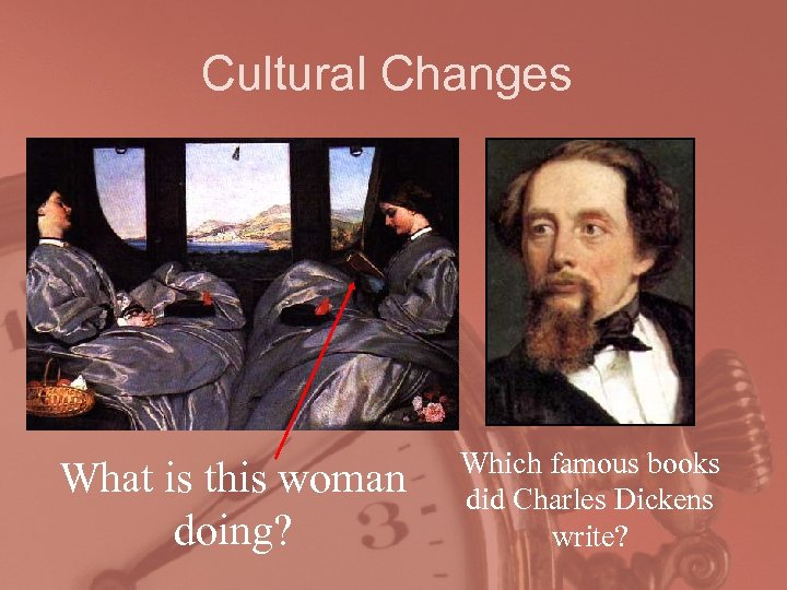 Cultural Changes What is this woman doing? Which famous books did Charles Dickens write?
