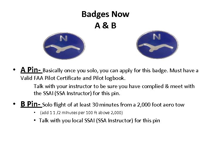 Badges Now A&B • A Pin- Basically once you solo, you can apply for