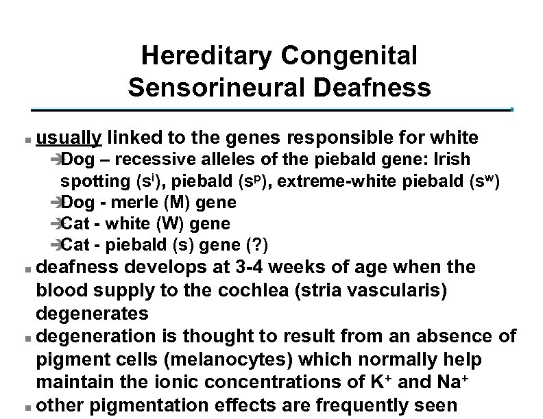 Hereditary Congenital Sensorineural Deafness n usually linked to the genes responsible for white è