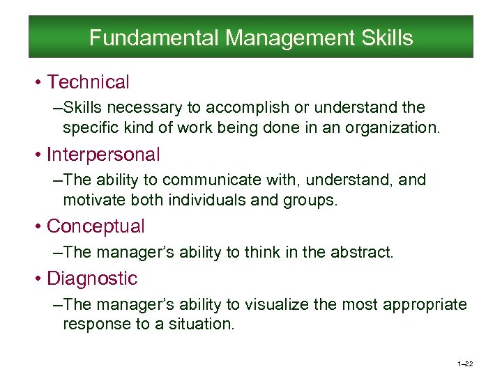 Fundamental Management Skills • Technical – Skills necessary to accomplish or understand the specific