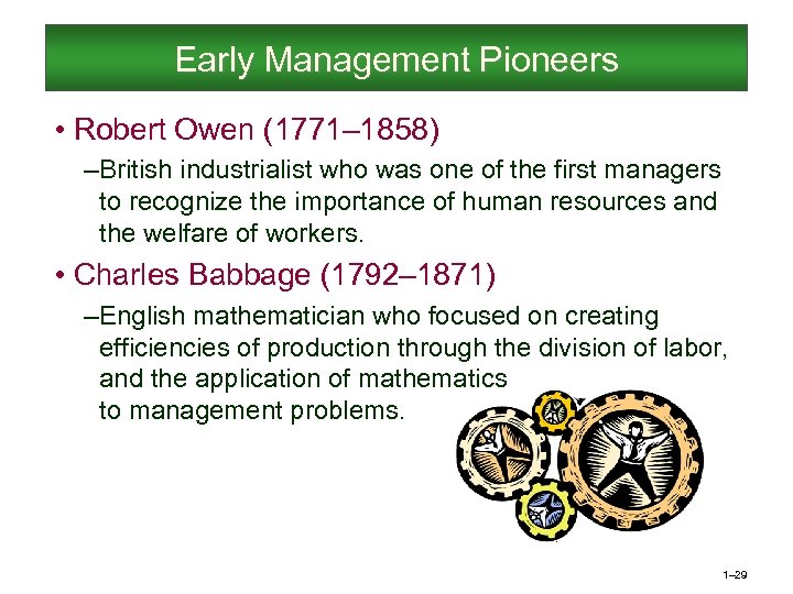 Early Management Pioneers • Robert Owen (1771– 1858) – British industrialist who was one