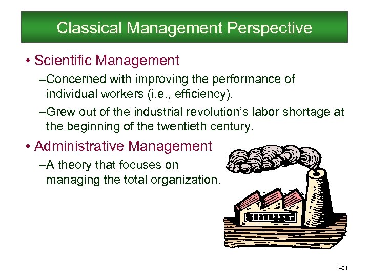 Classical Management Perspective • Scientific Management – Concerned with improving the performance of individual