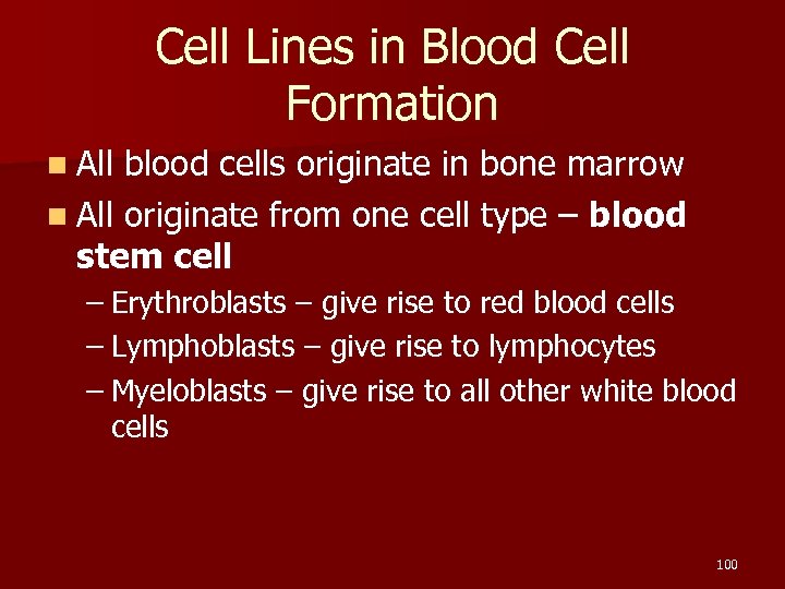 Cell Lines in Blood Cell Formation n All blood cells originate in bone marrow