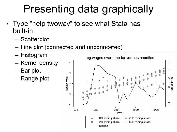 Presenting data graphically • Type “help twoway” to see what Stata has built-in –