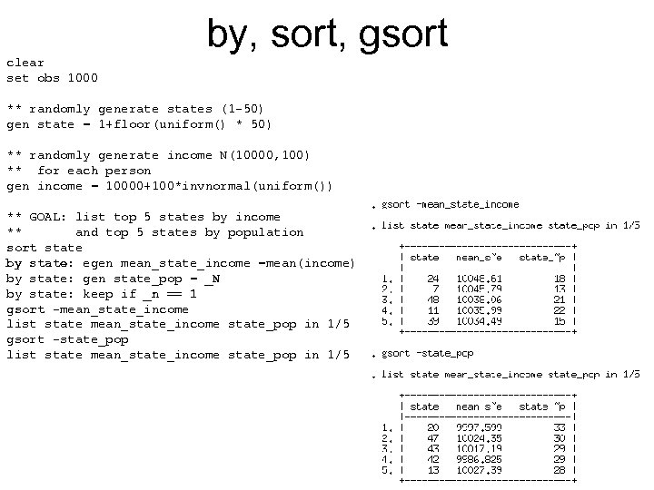 by, sort, gsort clear set obs 1000 ** randomly generate states (1 -50) gen