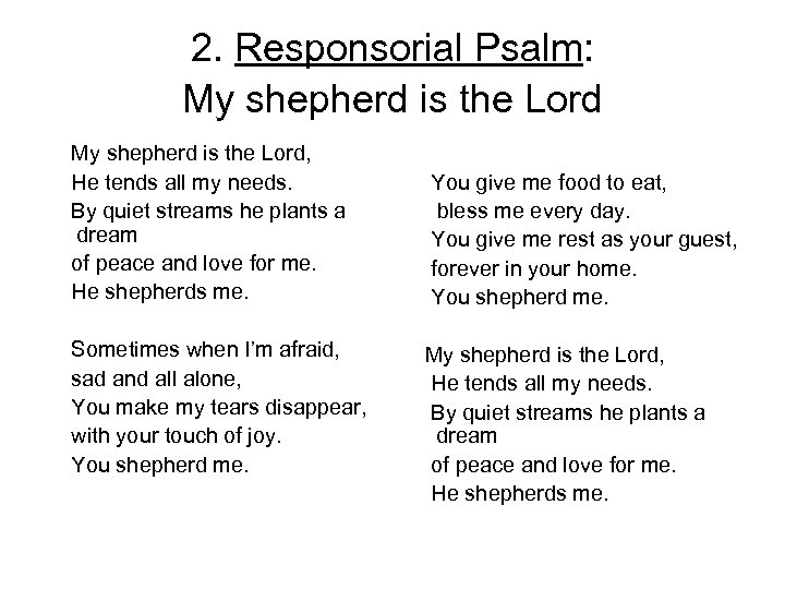 2. Responsorial Psalm: My shepherd is the Lord, He tends all my needs. By