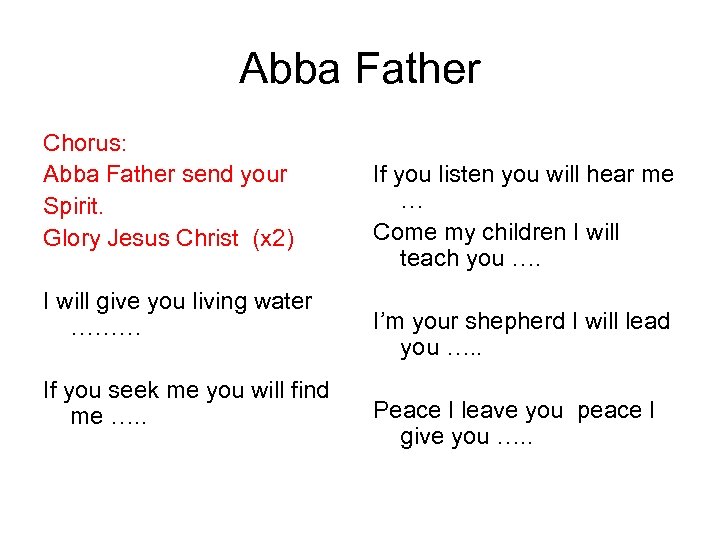Abba Father Chorus: Abba Father send your Spirit. Glory Jesus Christ (x 2) I