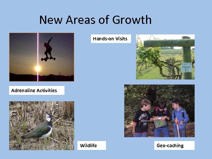 New Areas of Growth Hands-on Visits Adrenaline Activities Wildlife Geo-caching 