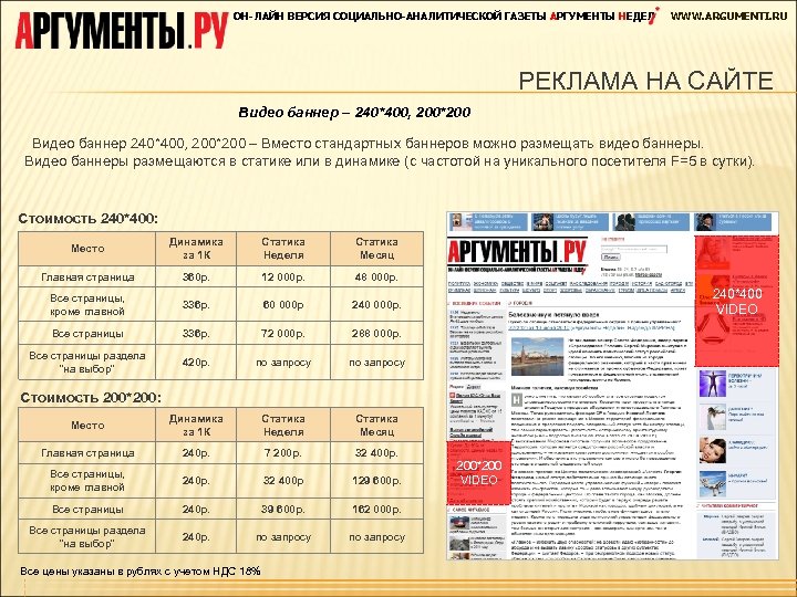 ОН-ЛАЙН ВЕРСИЯ СОЦИАЛЬНО-АНАЛИТИЧЕСКОЙ ГАЗЕТЫ АРГУМЕНТЫ НЕДЕЛ WWW. ARGUMENTI. RU РЕКЛАМА НА САЙТЕ Видео баннер