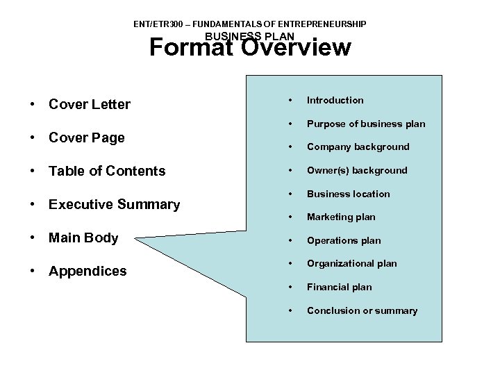ENT/ETR 300 – FUNDAMENTALS OF ENTREPRENEURSHIP BUSINESS PLAN Format Overview • Cover Page •