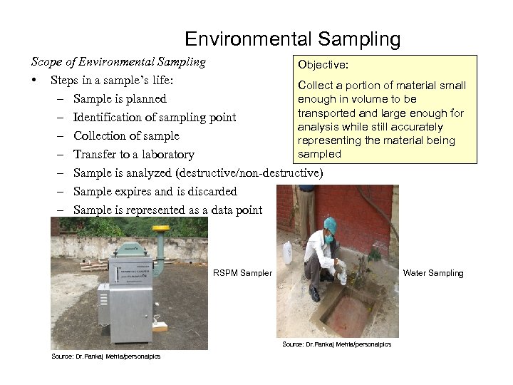 Environmental Sampling Scope of Environmental Sampling Objective: • Steps in a sample’s life: Collect