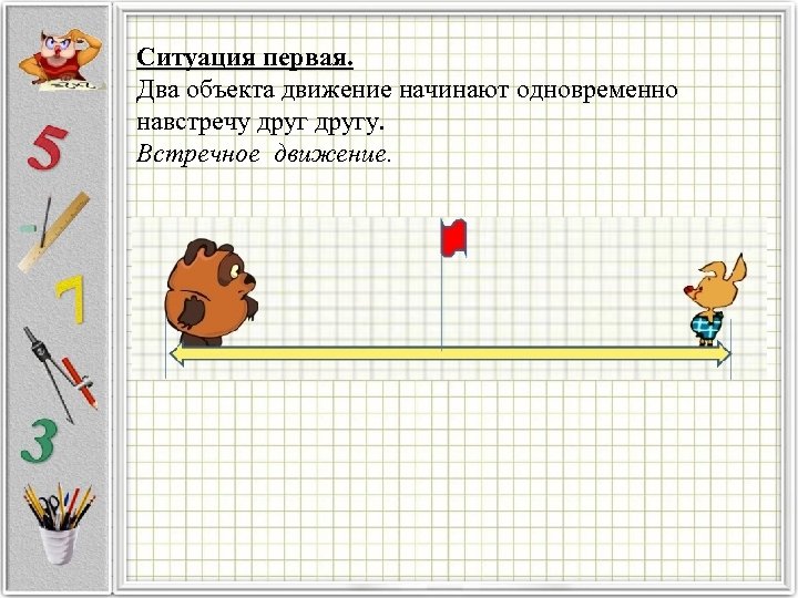 Ситуация первая. Два объекта движение начинают одновременно навстречу другу. Встречное движение. 