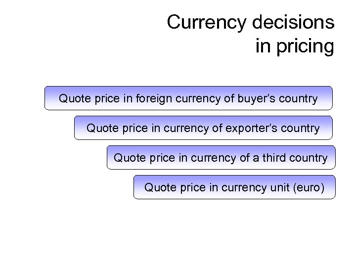 Currency decisions in pricing Quote price in foreign currency of buyer’s country Quote price