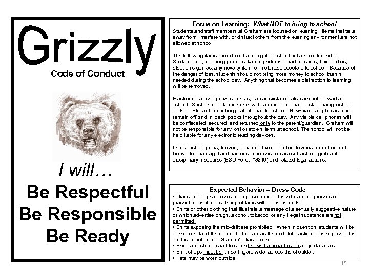 Focus on Learning: What NOT to bring to school. Students and staff members at