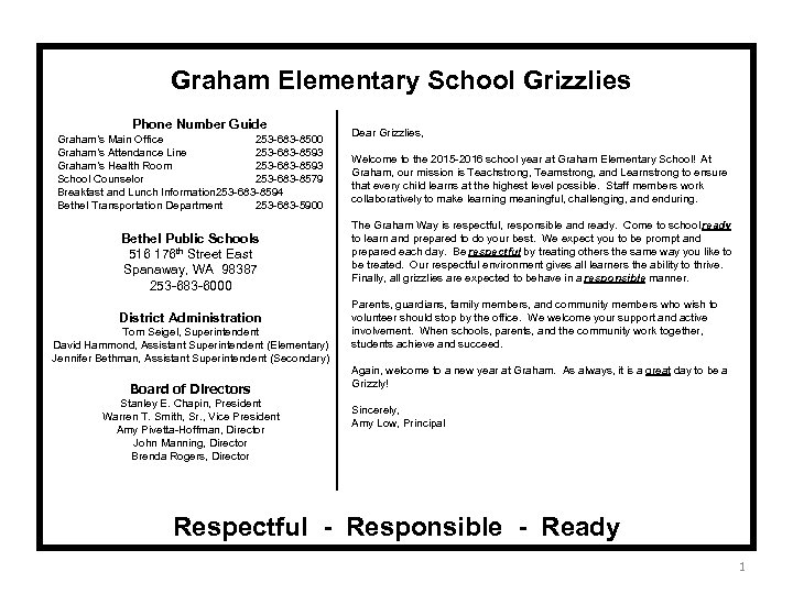 Graham Elementary School Grizzlies Phone Number Guide Graham’s Main Office 253 -683 -8500 Graham’s