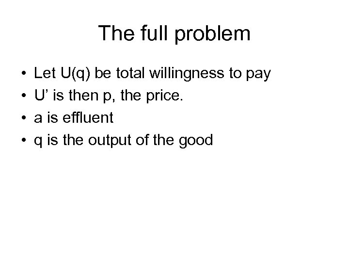 The full problem • • Let U(q) be total willingness to pay U’ is