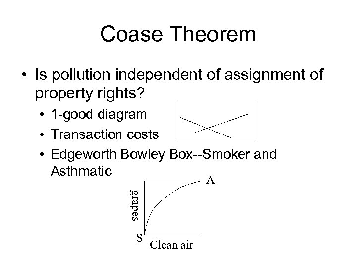 Coase Theorem • Is pollution independent of assignment of property rights? • 1 -good