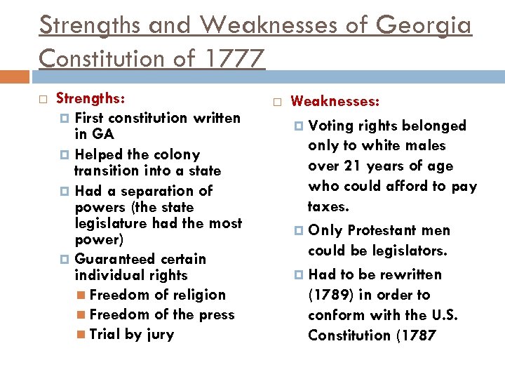 Strengths and Weaknesses of Georgia Constitution of 1777 Strengths: First constitution written in GA