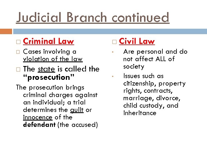 Judicial Branch continued Criminal Law Cases involving a violation of the law The state