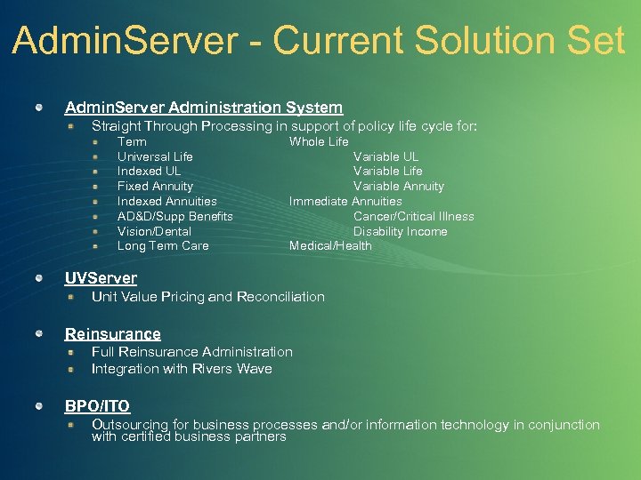 Admin. Server - Current Solution Set Admin. Server Administration System Straight Through Processing in