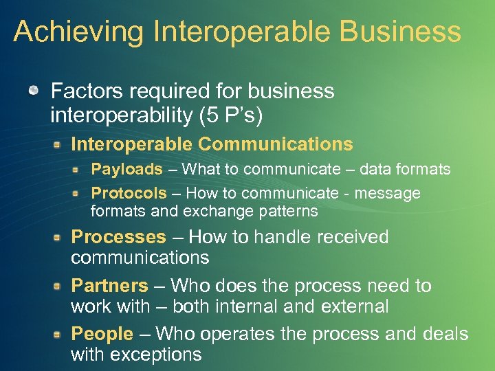 Achieving Interoperable Business Factors required for business interoperability (5 P’s) Interoperable Communications Payloads –