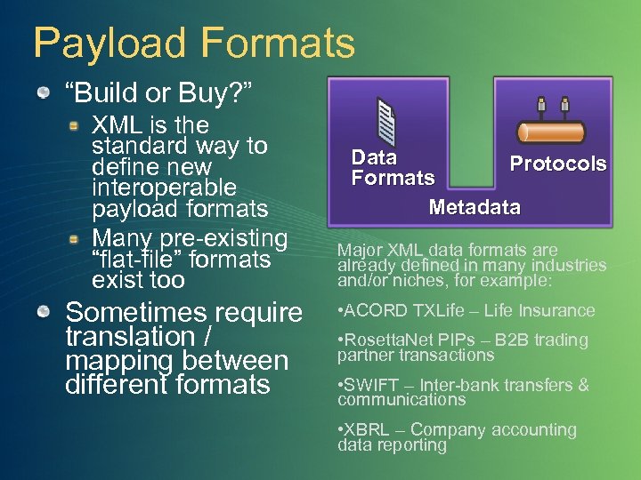 Payload Formats “Build or Buy? ” XML is the standard way to define new